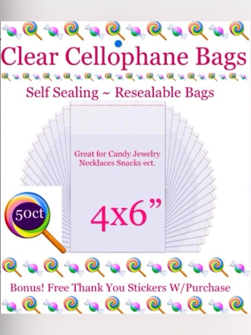 Clear Self-Sealing Resealable Cellophane Bags 4 x 6" - Clear (50 Pack)